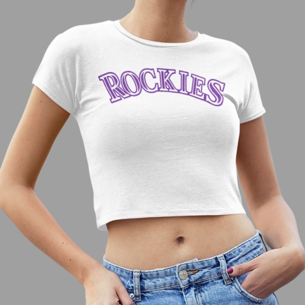 NEW Colorado Rockies Spellout Team Color Pop Form Fit Crop Top Shirt WHITE